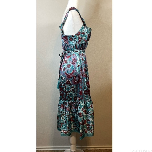 Nolita 100% Silk Boho Midi Length Sleeveless Tiered Dress Turquoise Blue Floral - Picture 5 of 13